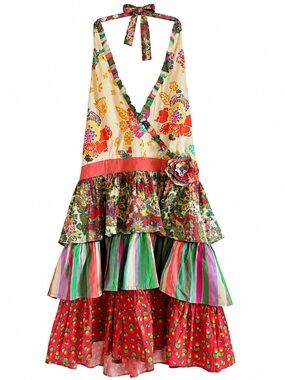 Pier 1 Multicolor Floral Mixed Pattern Tiered Halter Tie Apron – One Size  NWT